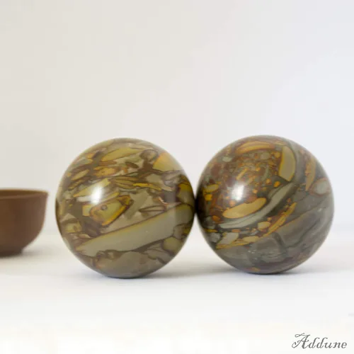 Miniatura 4 de Bolas de mano de piedra de mármol cian nuwa con patrón tradicional de bambú, bolas de masaje saludable chino para masaje, para relajar los dedos