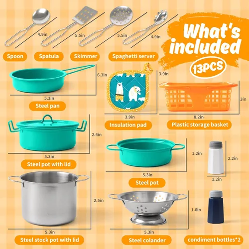 Miniatura 2 de Juego de accesorios de juguete de cocina para niños pequeños, juego de cocina para niñas y niños, incluye ollas y sartenes coloridas (verde)