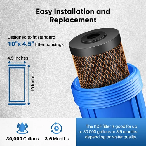 Miniatura 8 de PUREPLUS Paquete de 3 filtros de agua para toda la casa de 10 x 4.5 pulgadas de 5 micrones, 2 unidades de reducción de olor a cloro CTO + 1 filtro