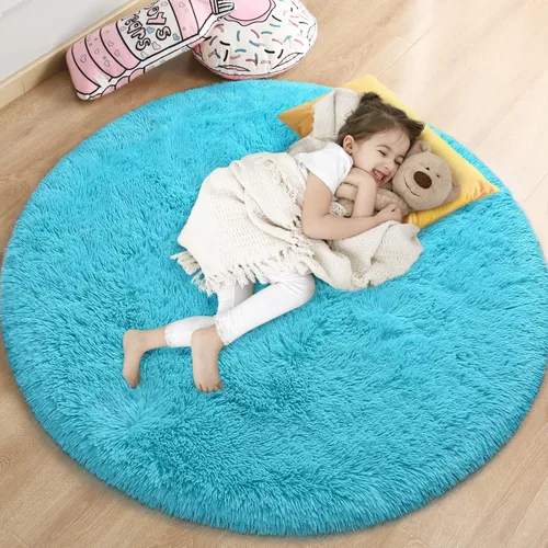 Gifeas Alfombra redonda azul para dormitorio de niñas, alfombra circular esponjosa de 4 x 4 pies para decoración de habitación de niños, alfombra