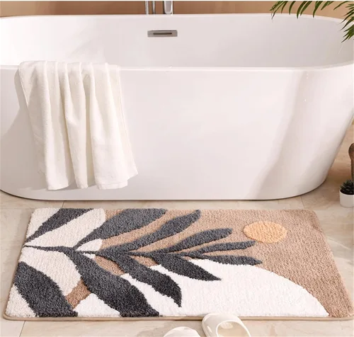 Miniatura 3 de Tapete de baño bohemio con diseño de plantas de arte abstracto, color marrón, lavable, antideslizante, esponjoso, absorbente de agua, de microfibra