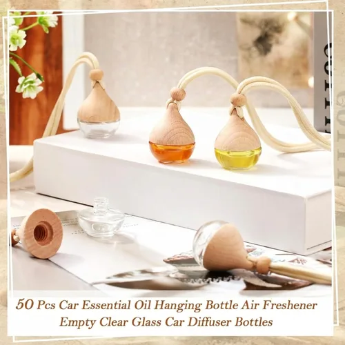 Miniatura 4 de Rtteri 50 piezas de botellas de aceite esencial para colgar en el coche, botellas de difusor de vidrio vacías, ambientador de coche recargable