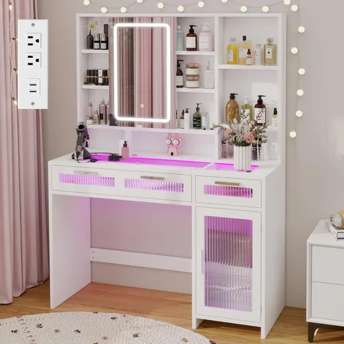 Miniatura 9 de Hadulcet Escritorio de tocador negro con espejo deslizante y luces LED, mesa de tocador de vidrio de 35.5 pulgadas con tomas de corriente, cajones