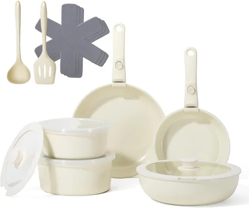 Juego de ollas y sartenes antiadherentes, 16 piezas de juego de utensilios de cocina de cerámica antiadherentes, juego de cocina de inducción con