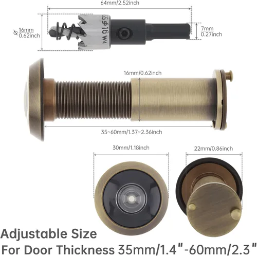 Miniatura 2 de Mirilla para Puerta, Latón Macizo con Mirilla de 200 Grados con Broca de 16 MM para Puertas de 1-1/2" a 2-3/8", Visor de Puerta con Diámetro de Tubo