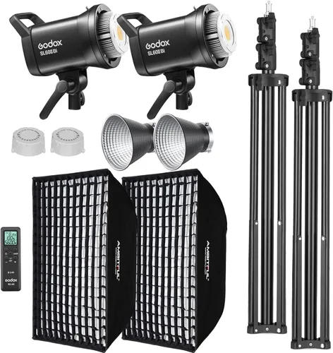 Godox SL60II-Bi - Kit de luz LED de video, paquete de 2 unidades de luz continua bicolor de 2800K-6500K, caja de luz de rejilla cuadrada, soporte de
