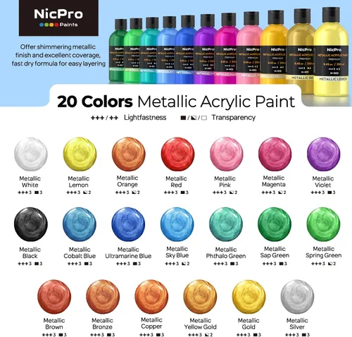 Miniatura 4 de Nicpro Juego de pintura acrílica metálica (8.45 oz, 250 ml), 20 colores de pintura acrílica grande a granel, suministros de pintura de arte no 20