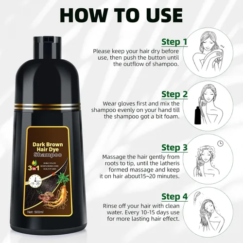 Miniatura 6 de Champú de tinte para el cabello marrón oscuro 3 en 1 para cobertura de canas para mujeres/hombres, champú de color instantáneo ingredientes herbales