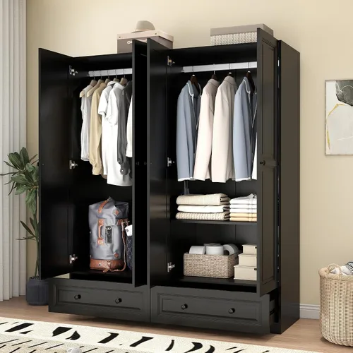 Miniatura 7 de Armario Armario con cajones: armario de dormitorio de 74 pulgadas para ropa colgante, armarios negros con puertas, armario moderno con estantes