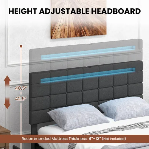 Miniatura 7 de Giantex Base de cama individual con luces LED y 4 cajones, base de cama de plataforma tapizada con puertos USB, diseño de cabecera ajustable