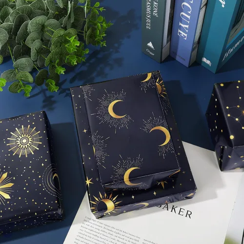 Miniatura 5 de 12 hojas de papel de regalo de galaxia, cielo nocturno negro, envoltura de regalo a granel, luna, estrella, papel decorativo de arte