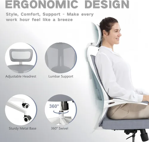 Miniatura 5 de Ergonomic Office Chair - 350LB Comfy Desk Chairs with Adjustable Lumbar Back and Support, Mesh Computer Chairs with Wheels and Arms for Home Office