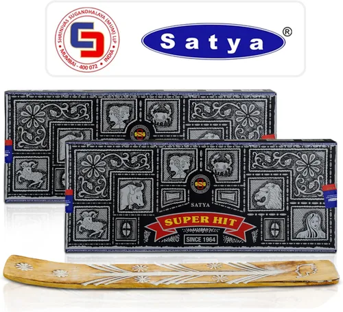 Satya Super Hit - Varillas de incienso (3.53 onzas x 2 unidades) (7.05 oz), paquete de soporte para incienso, aroma natural Nag Champa