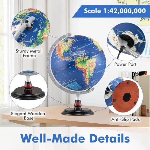 Miniatura 4 de Goplus Globo del mundo iluminado de 12 pulgadas, lámpara de noche giratoria antigua con soporte de madera, decoración de escritorio educativa