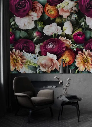 Miniatura 3 de HAOKHOME Papel tapiz floral para despegar y pegar, diseño de rosas y margaritas, removible, negro/rosa/morado, mural salvaje adhesivo, 17.7 pulgadas