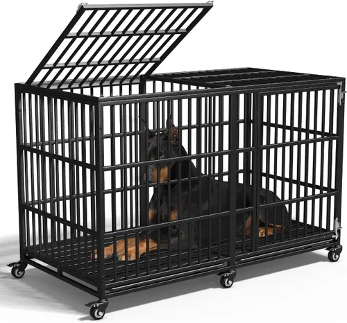 Jaula extra grande para perros grandes, jaula resistente de 64 pulgadas, perrera indestructible para perros de alta ansiedad, ruedas con cerradura,