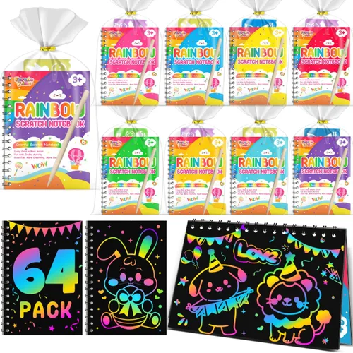 Miniatura 17 de Recuerdos de papel para rascar para fiestas para niños: paquete de 16 cuadernos de rayas arcoíris, bolsas de regalo, libros para colorear, recuerdos