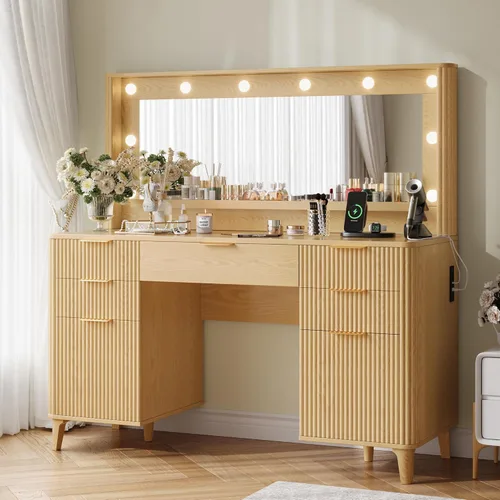 Mesa de tocador estriada para maquillaje con espejo grande de 39.3" y luces, tocador de madera de 48.8", mesa de tocador grande, mesa de tocador de