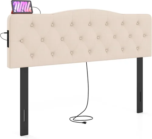Miniatura 14 de Giantex Cabecero tapizado de lino para marco de cama Full y Queen, cabecero capitonado con botones de ancho ajustable solamente con patas de madera