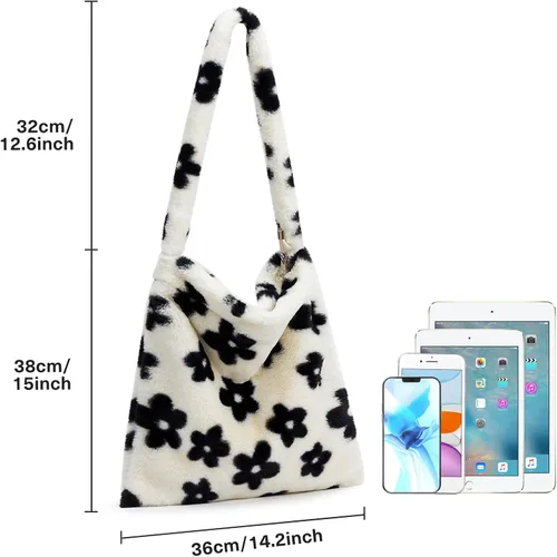 Miniatura 2 de Bolso de mano peludo y esponjoso, bolso grande y mullido, lindo bolso de felpa con cremallera para mujeres y niñas, bolso de hombro de piel