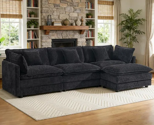 Miniatura 30 de Sofá modular Cloud seccional, moderno sofá modular en forma de L de felpilla con otomana y almohadas, sofás esquineros de asiento profundo de 5 Negro