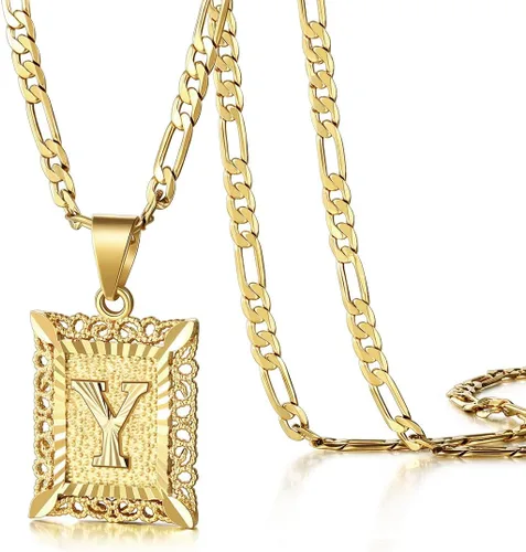 KissYan Collar Figaro con dije y letra inicial para hombres y mujeres collar chapado en oro de 18 quilates con dije de monograma cuadrado letras del