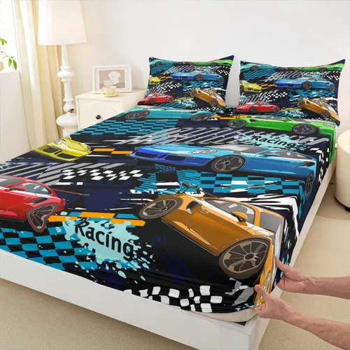 Miniatura 5 de Manfei Coloful - Sábana bajera ajustable de auto de carreras para niños, 2 piezas, para decoración de habitación de niños y adolescentes, funda