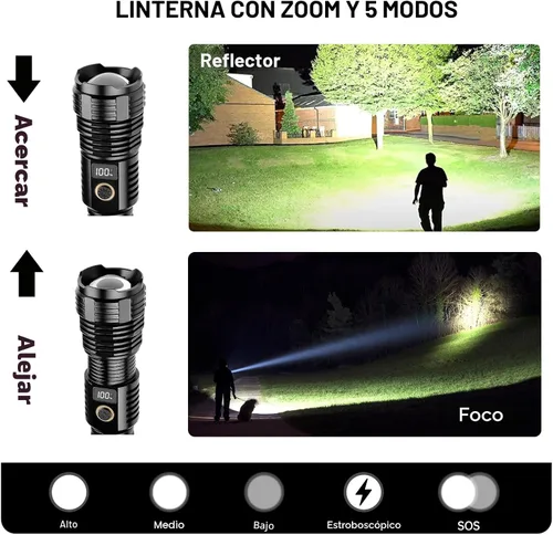 Miniatura 2 de Linternas recargables de alto lúmenes, 10000 lm LED súper brillante, linternas con zoom con pantalla digital LCD, 5 modos, impermeable, potente Negro