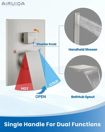 Miniatura 5 de Airuida Grifo de Bañera de Montaje en Pared con Caño de Cascada para Bañera, Grifo de Bañera Montado en Pared con Ducha de Mano de Una Sola Manija