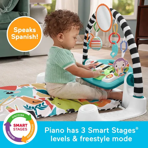 Miniatura 2 de Fisher-Price Alfombrilla de actividad para bebés Glow & Grow Kick & Play Piano Gym, versión en español, juguete de aprendizaje musical azul