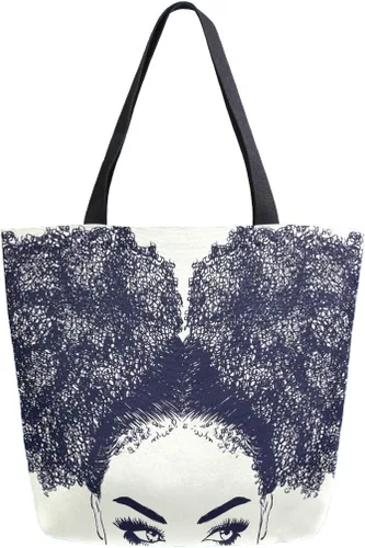 ALAZA Bolso de mano grande de la lona Mujer afroamericana con el bolso del hombro de las compras del pelo rizado