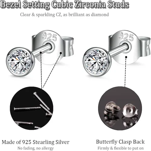 Miniatura 3 de Aretes tipo dormilona de plata esterlina para mujeres, hombres, niñas. 3 pares de pequeños aretes redondos de circonita cúbica con circonita cúbica