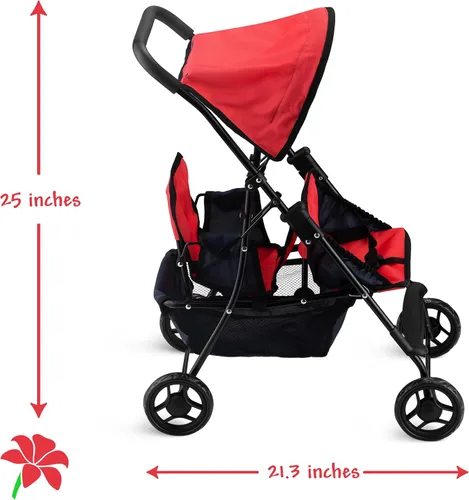 Miniatura 2 de Hushlily® Tandem - Cochecito de muñeca doble con toldo ajustable y cesta, plegable, con ruedas suaves (rojo y azul)