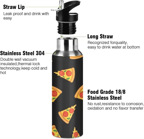 Miniatura 3 de Cartoon Slices Pizza Black Stainless Steel Vacuum Insulated Water Bottle 20 Oz, BPA-Free Sports Water Bottle Leakproof Water Bottles