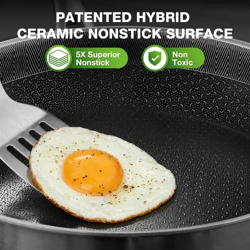 Miniatura 3 de PekGema Hybird - Sartén antiadherente con tapa de 12 pulgadas, sartén de acero inoxidable, sartén de cerámica antiadherente apta para horno, lista