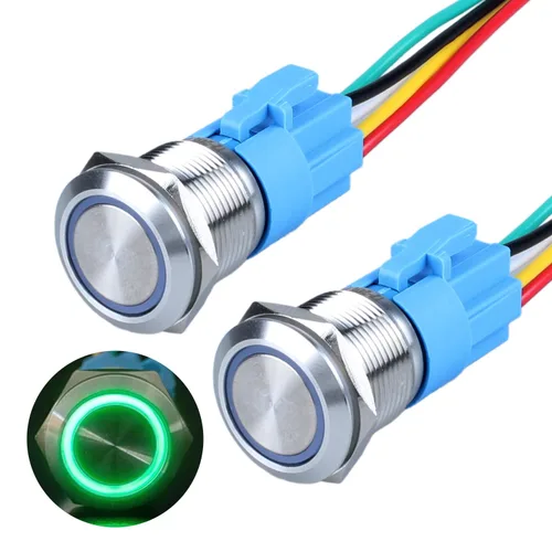 Miniatura 19 de 2 interruptores de botón de bloqueo de 0.748 in de 12 V-24 V, anillo de CC LED 1NO 1NC impermeable botón de metal negro encendido apagado