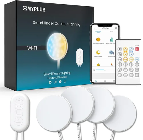 MYPLUS Luces inteligentes para debajo del gabinete, luces de disco regulables compatibles con Alexa y Google Home, temperaturas de color ajustables