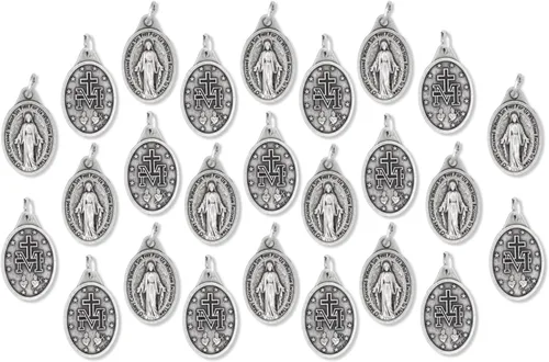 Caritas et Fides Paquete de 25 medallas milagrosas a granel (1 pulgada, plata oxidada), hechas en Italia – Colgante de María para collar, colgante