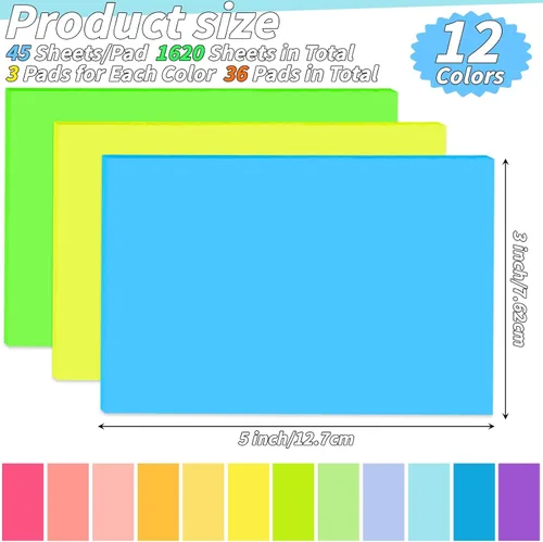 Miniatura 2 de 36 blocs de notas adhesivas de 3 x 5 pulgadas, 12 colores autoadhesivos, multicolor, bloc de notas rectangulares brillantes y coloridas