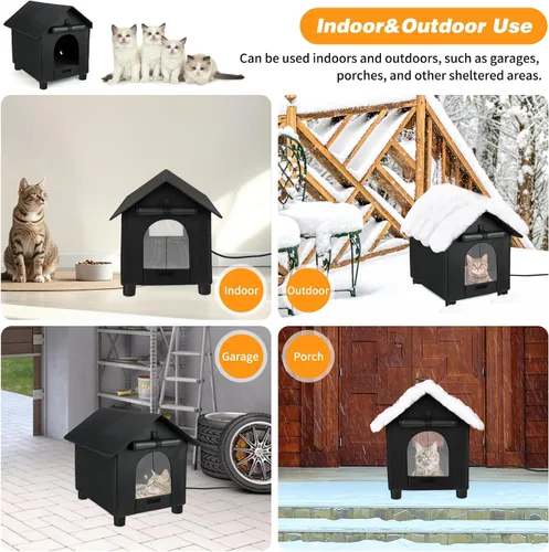 Miniatura 3 de Casas térmicas para gatos en invierno, impermeables, casa para gatos con calefacción elevada, aislada, exterior, refugio con puerta de escape