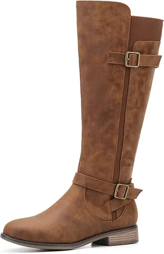 ALLOT Botas altas hasta la rodilla para mujer, botas de equitación elásticas de moda, tacón bajo, correa de hebilla, zapatos de motocicleta de