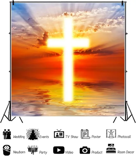 Miniatura 6 de Fondo de vinilo de 5 x 5 pies con cruz cristiana, luz divina, luces santas, espíritu santo, creencia religiosa, Señor, orar, resurrección de Jesús