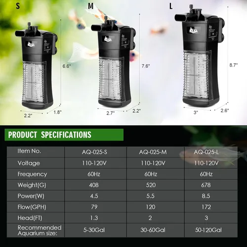 Miniatura 6 de AQQA Filtro interno para acuario, filtro de energía sumergible en el tanque con flujo de agua ajustable, filtro de esponja ultra silencioso