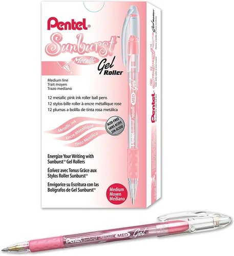 Miniatura 12 de Pentel Sunburst - Bolígrafo de gel metálico, punta media, barril dorado/transparente, tinta dorada, caja de 12 unidades (K908-X)