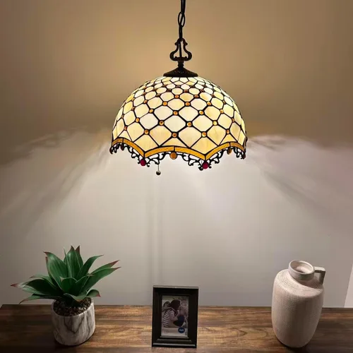 Miniatura 3 de Tiffany - Lámpara colgante con enchufe de cristal beige, bombillas LED incluidas para comedor, sala de estar, 16 pulgadas de ancho x 16 pulgadas