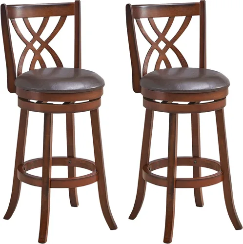 Miniatura 10 de COSTWAY Juego de 2 taburetes de bar, sillas giratorias de 360° con marco de madera de goma, asiento acolchado de piel sintética de 24 pulgadas