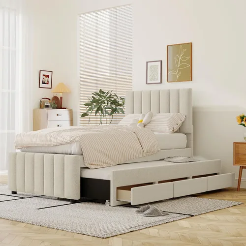 Miniatura 12 de SOFTSEA Cama de plataforma de tamaño matrimonial con nido, cama matrimonial tapizada con cabecero curvado para niños, adolescentes, invitados, tela