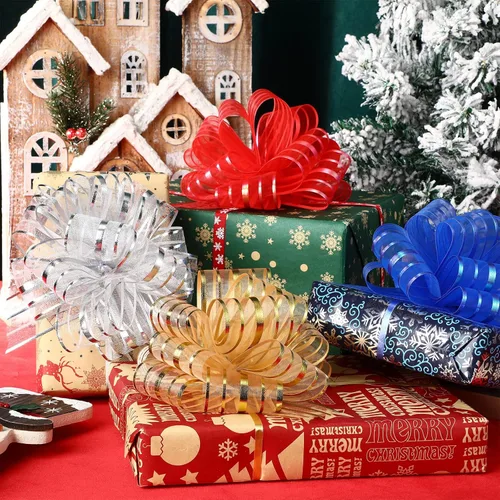Miniatura 4 de Poen 12 Lazos Grandes de Navidad para Envolver Regalos de 6" Lazos de Tirar Multicolores de Cinta Navideña para Regalos, Cestas de Boda, Cajas