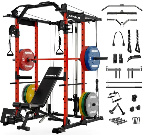 Miniatura 17 de Mikolo Jaula de Potencia, Rack de Potencia con Sistema de Cruce de Cables, 1500LBS Rack para Sentadillas con Sistema de Jalón LAT, Jaula de Rojo