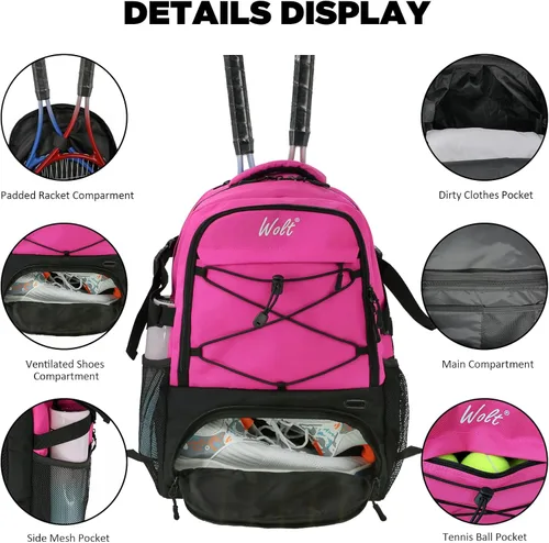Miniatura 4 de Mochila para raqueta de tenis WOLT - Mochila grande para raqueta de tenis para hombres y mujeres - Compartimento ventilado para zapatos - Capacidad